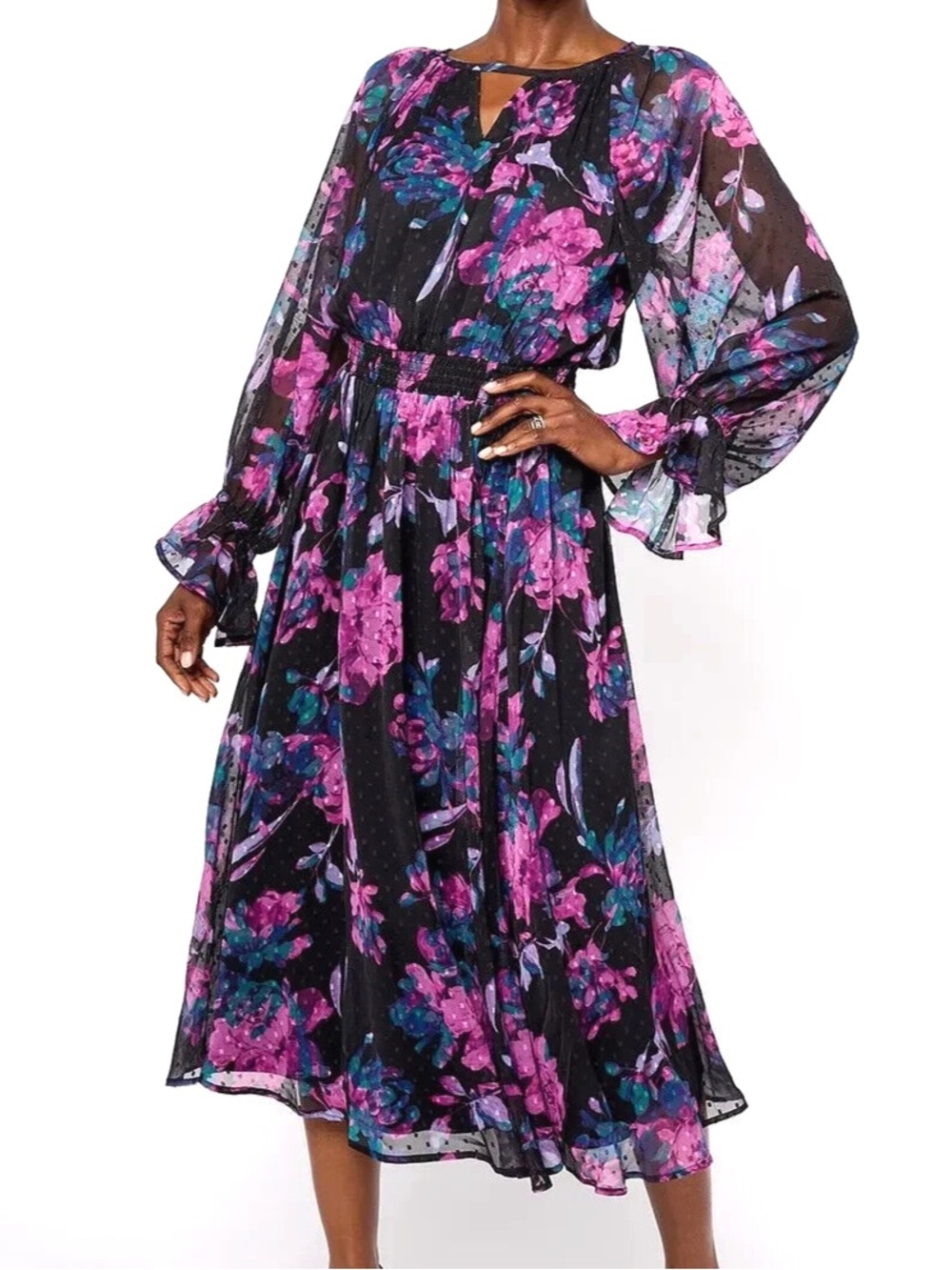 Sheer Floral Midi Dress in Black with Pink & Blue - Women